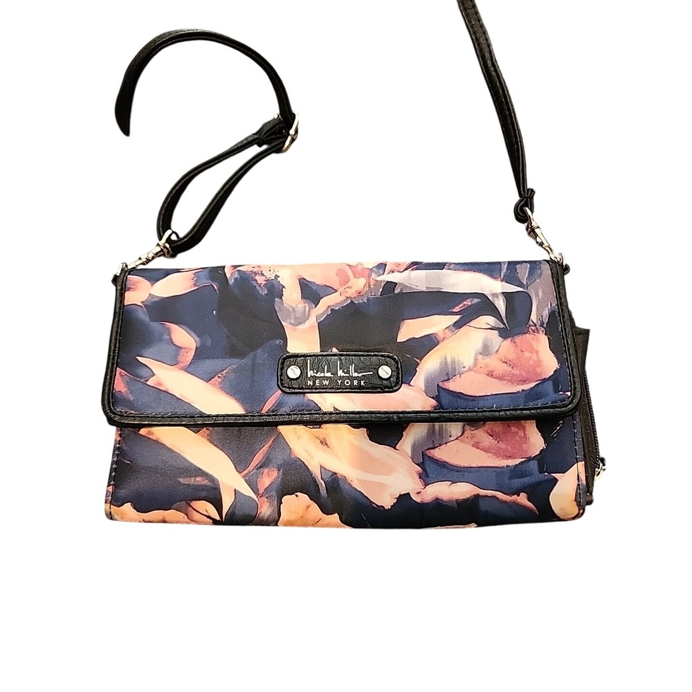 Nicole Miller Wallet Crossbody‎ Phone bag Purse Floral Print Multi Silver